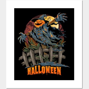 Halloween pumpkin-headed scarecrow Posters and Art